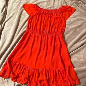 Red dress, light flowing, off shoulder